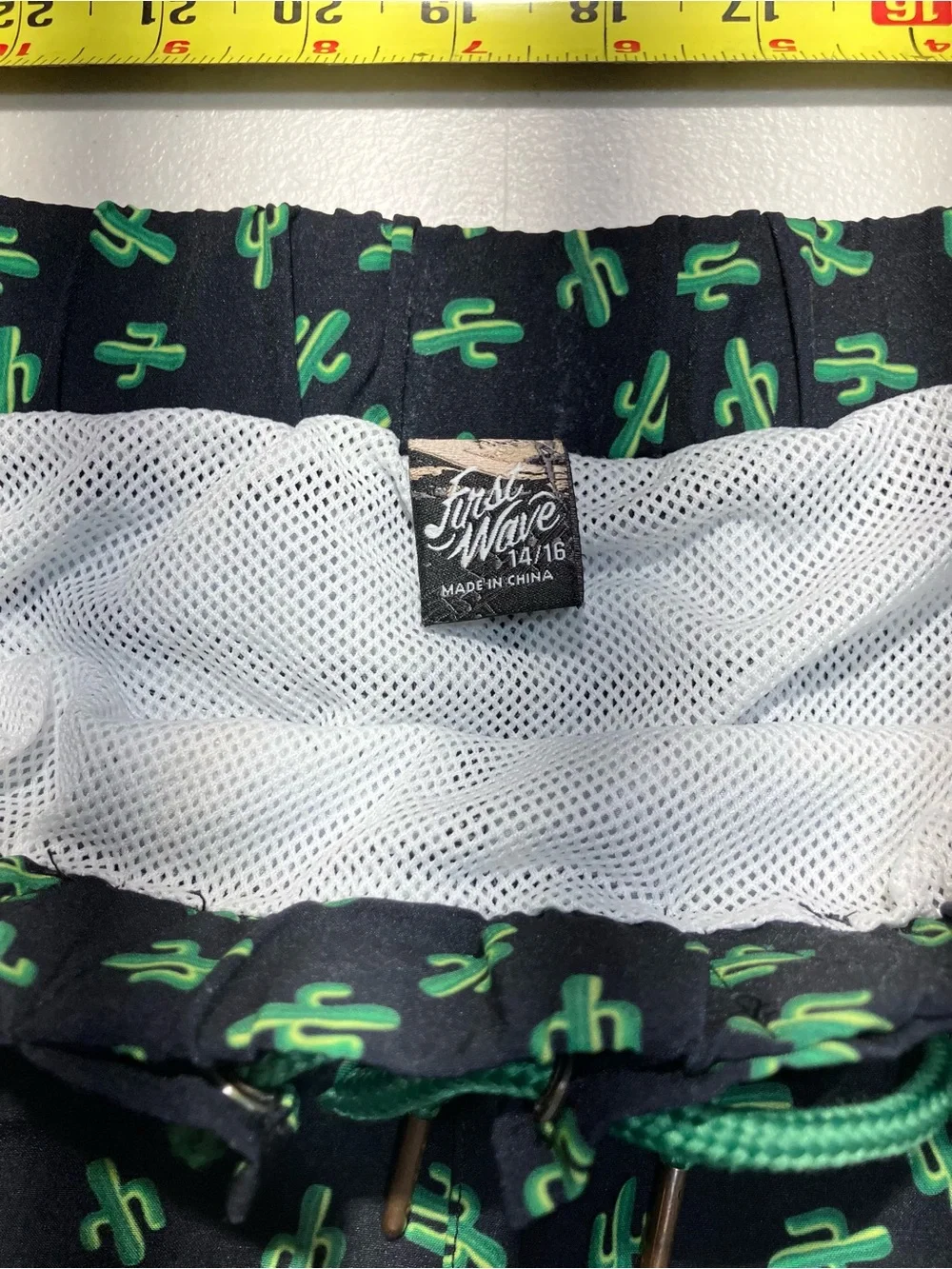 Free Wave Boys Cactus Board Shorts Size 14/16 XL Black Green Swim Trunks